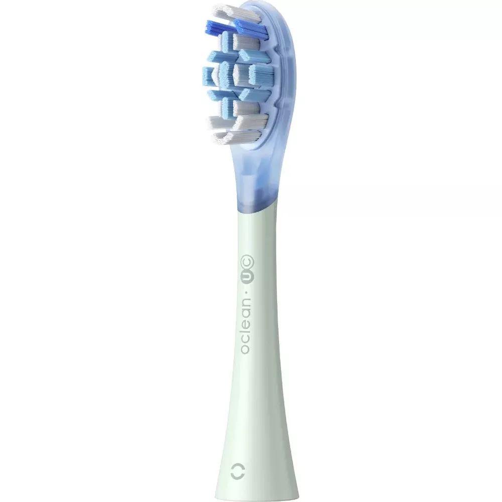 Light green toothbrush head with blue and white bristles.