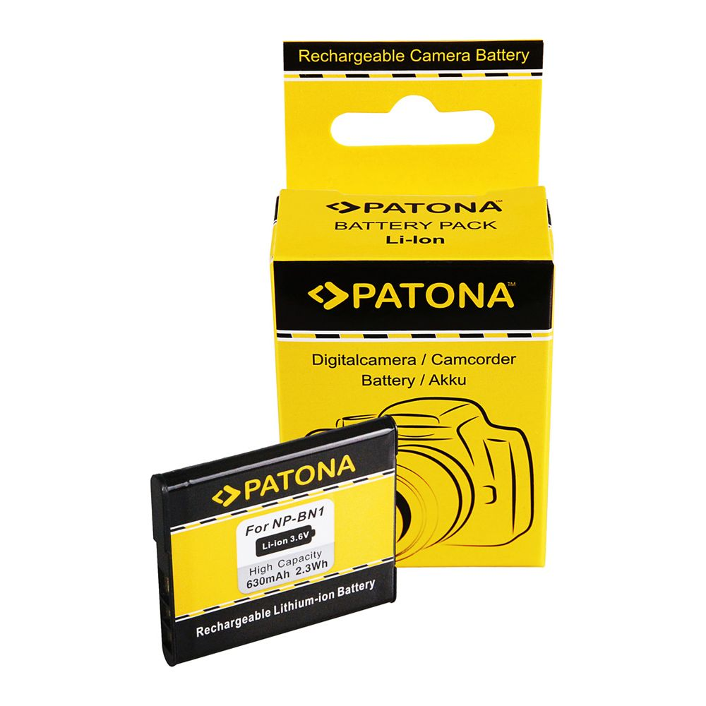 Eine PATONA Li-Ion-Kamerabatterie für NP-BN1 mit 630mAh in Verpackung.