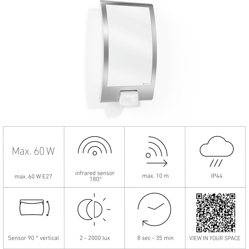 Bewegungsmelder-Leuchte mit Specs: 60W max, 180° IR-Sensor, 10m Reichweite, IP44.