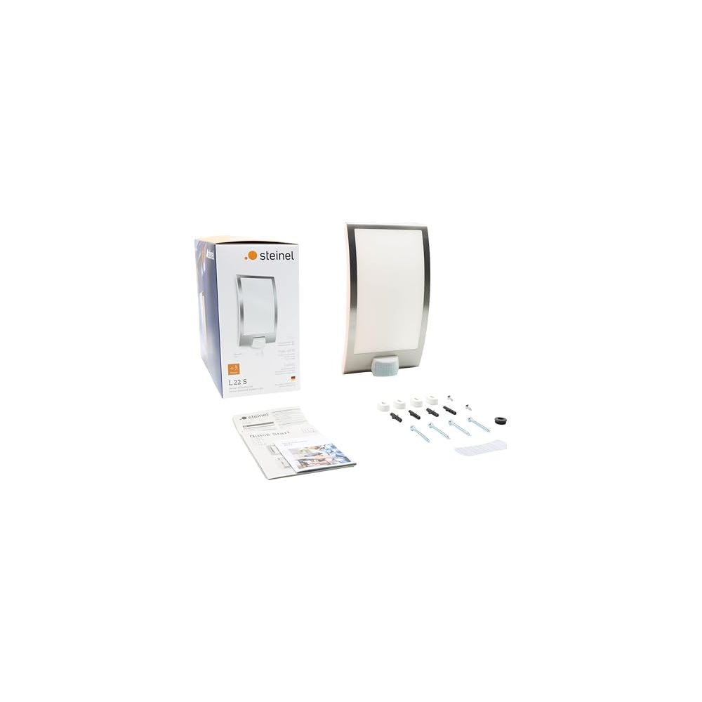 Ein Steinel L22 S Lichtsensor-Paket mit Verpackung, Licht, Anleitung und Befestigungsmaterial.