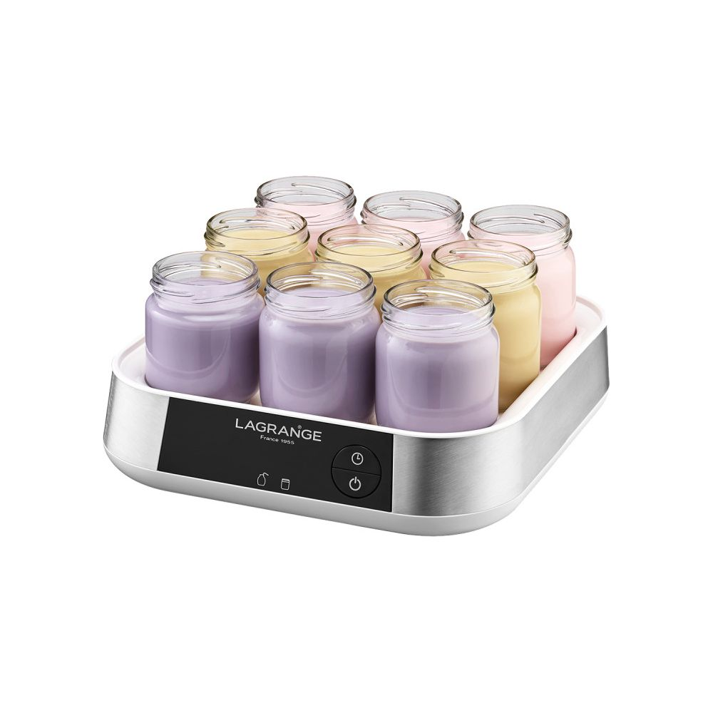 Joghurtbereiter mit neun Gläsern, gefüllt mit lila, gelbem und rosa Joghurt.