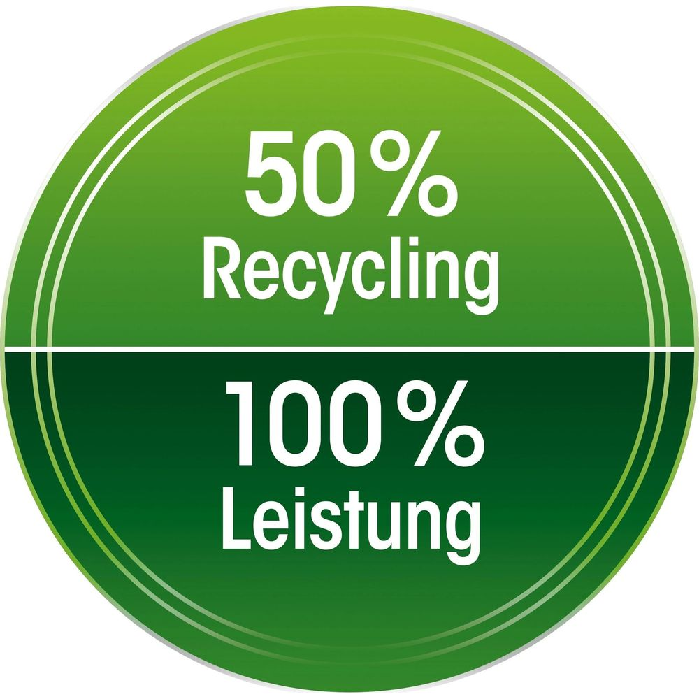 50% Recycling, 100% Leistung in einem grünen Kreis.