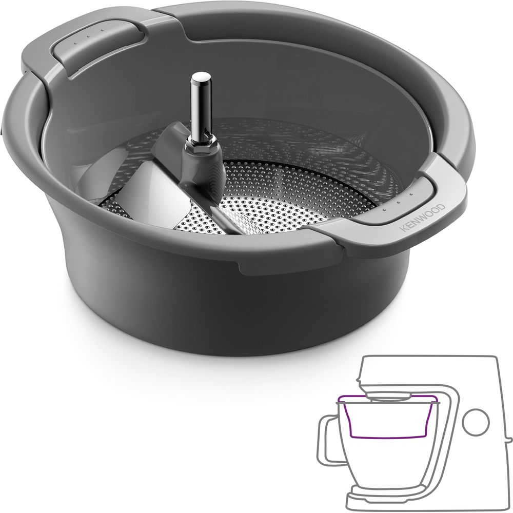 Accessorio grigio per robot da cucina con meccanismo di taglio e setaccio.