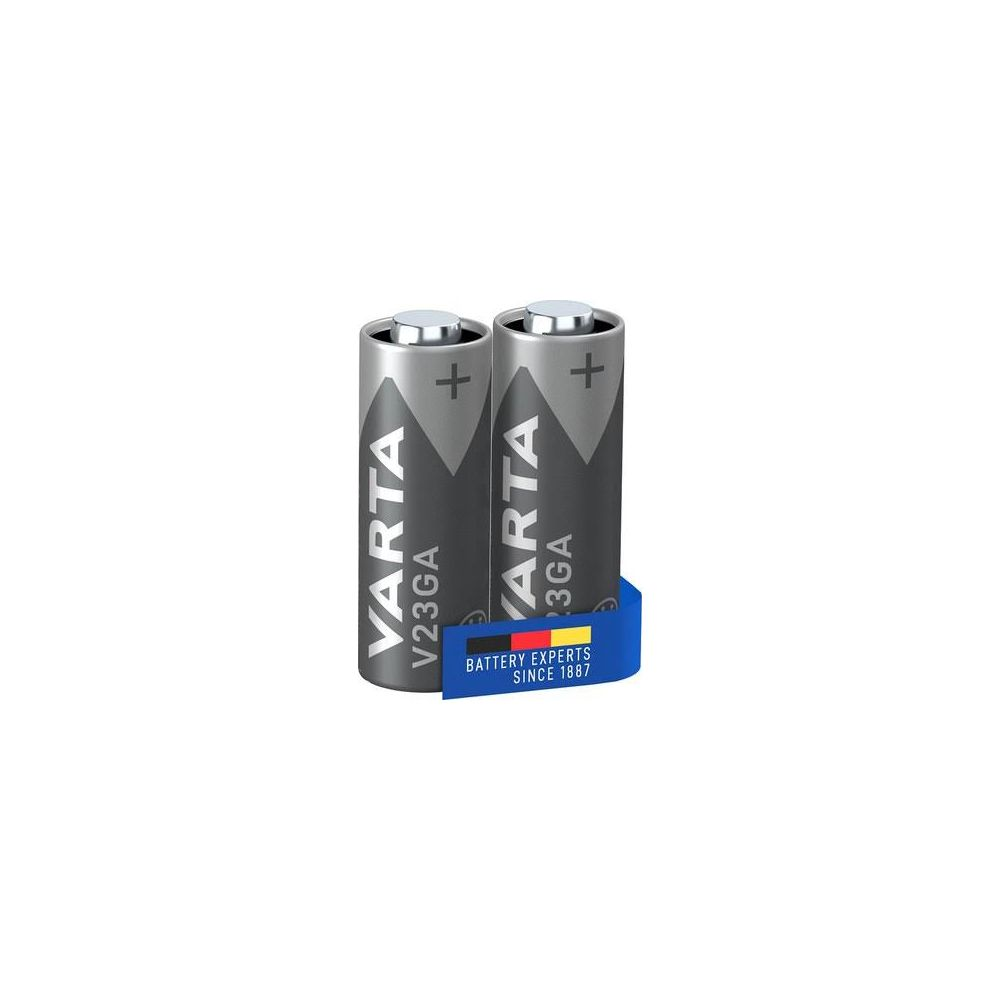 Dos baterías Varta V23GA una al lado de la otra sobre fondo blanco.