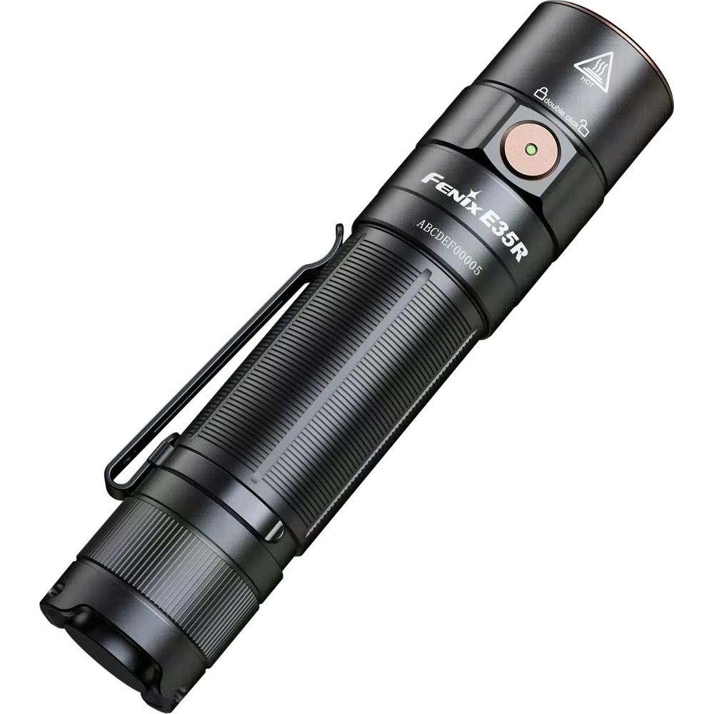 Lampe de poche Fenix E35R noire avec clip de poche et bouton argenté.