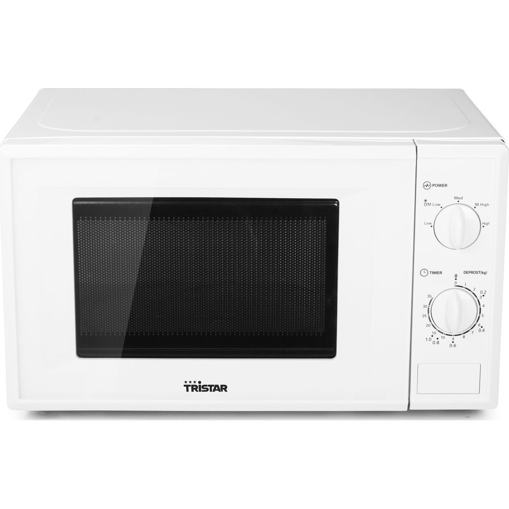 Un micro-ondes blanc avec une porte noire et des commandes pour la puissance, la minuterie et le dégivrage.