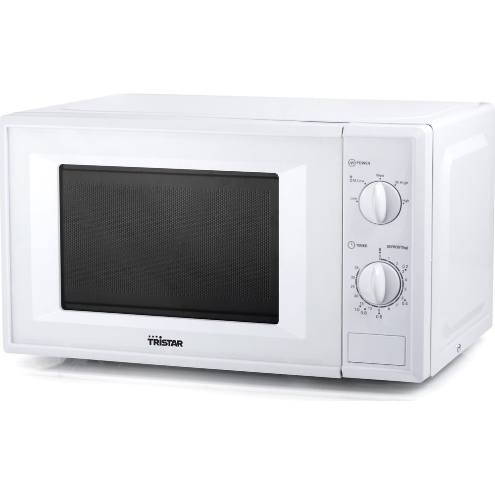 Micro-ondes blanc avec porte noire et deux molettes pour la puissance et le timer.