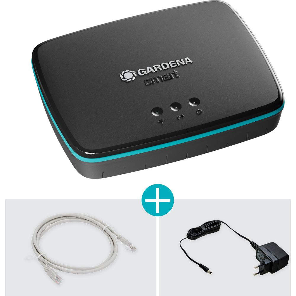 Dispositivo Gardena Smart con cable de carga y cable de red.