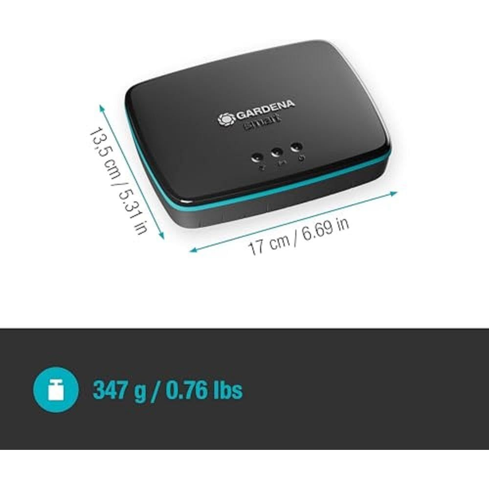 Dispositivo Gardena Smart negro de 17x13,5 cm, peso 347g.