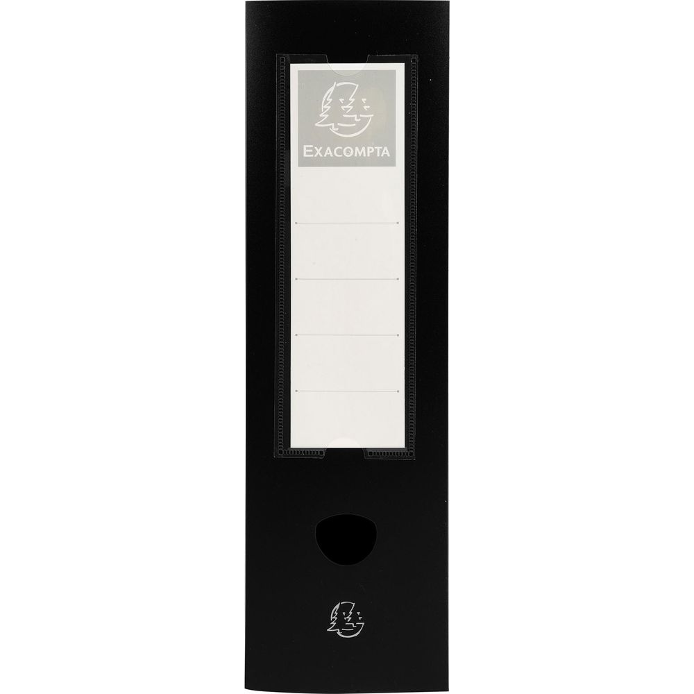 Czarny segregator z okienkiem na etykietę i logo.