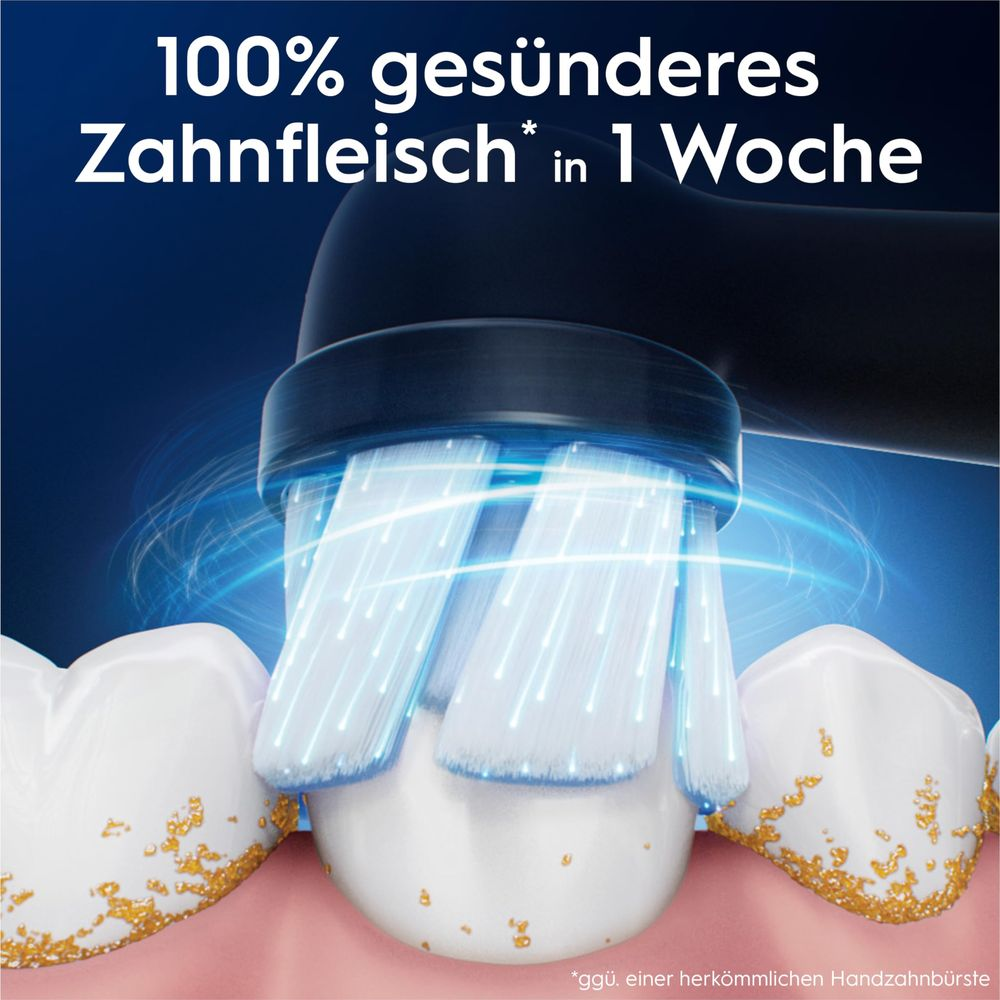 Elektrische Zahnbürste reinigt Zähne mit blauen Borsten und gelben Ablagerungen.
