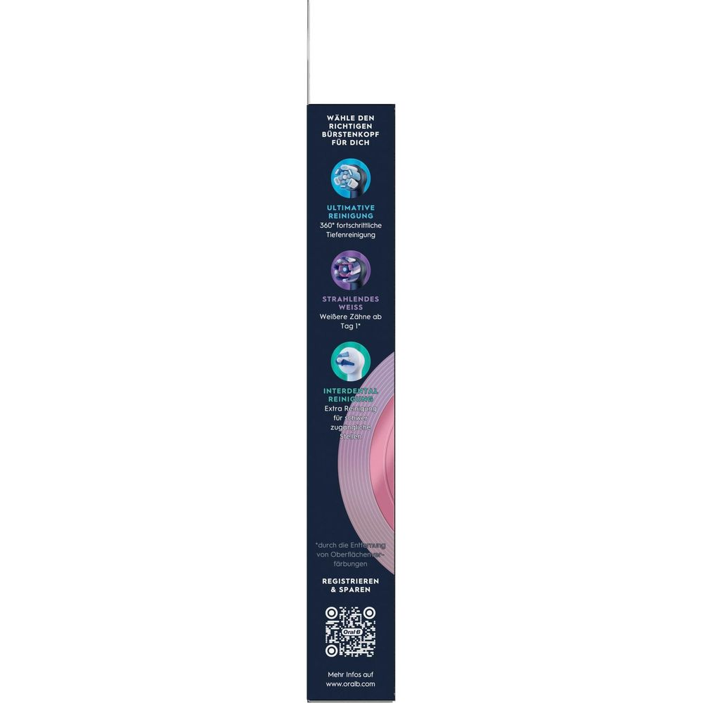 Verpackung mit Informationen zu Oral-B Bürstenköpfen, Reinigung und Weißheit.
