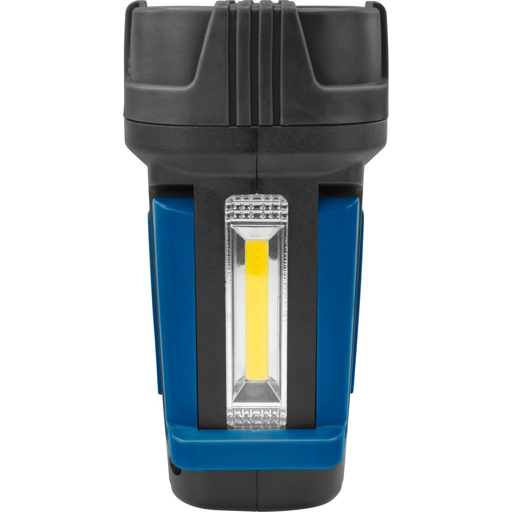Niebieska i czarna latarka z jasnym światłem LED.