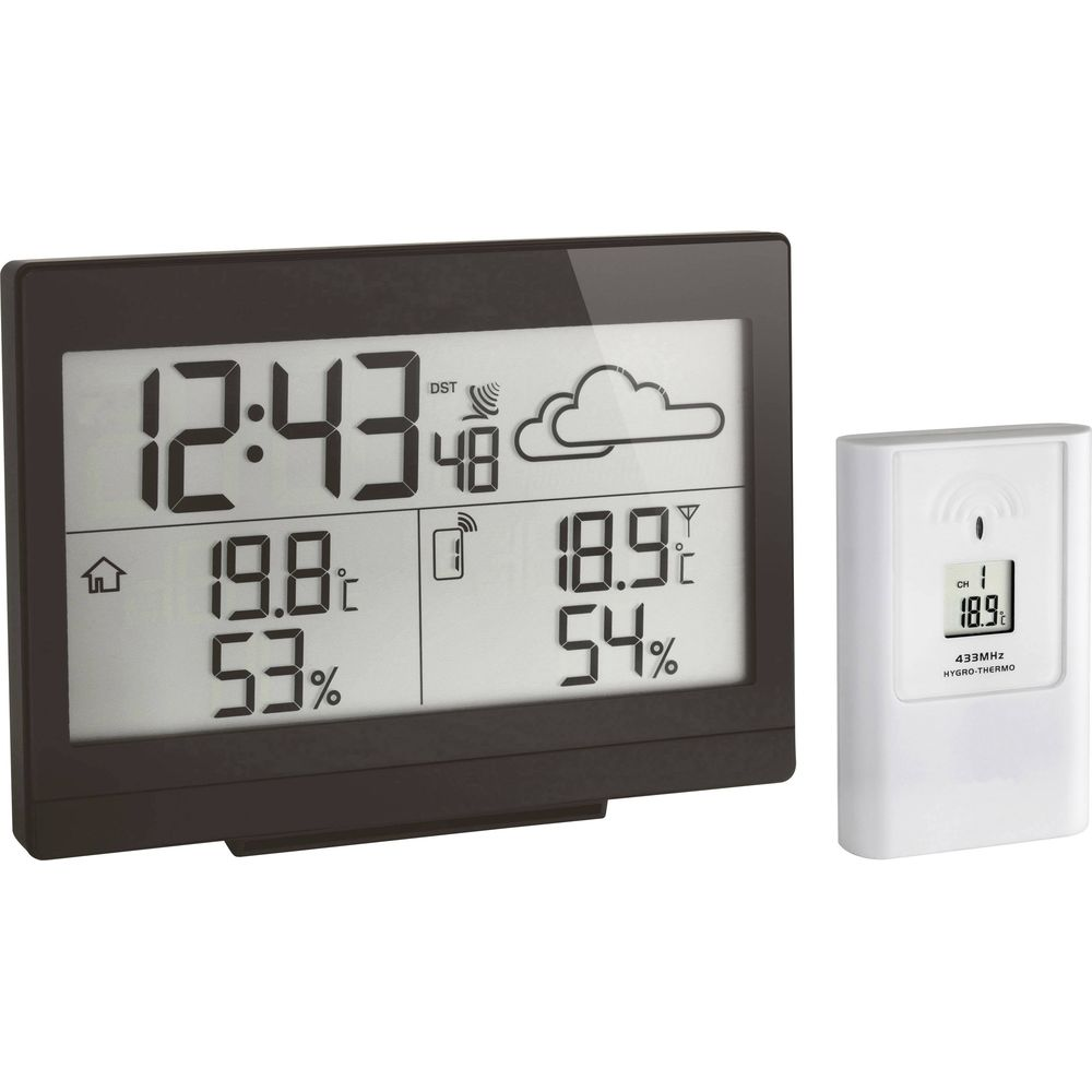 Digitaluhr zeigt 12:43, 19.8C, 53% und 18.9C, 54%. Kleiner wei3er Hygrometer daneben.