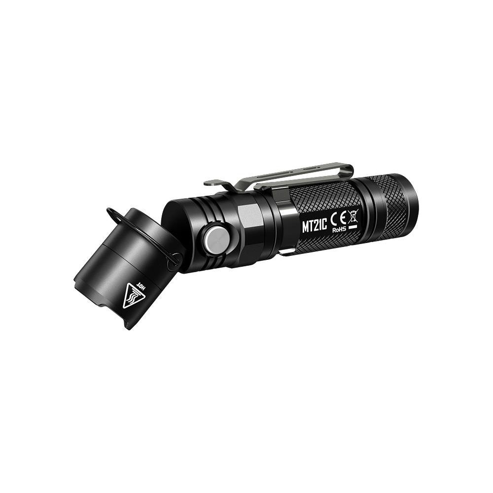 Lampe torche tactique noire avec clip, capuchon ouvert montrant symbole chaud.