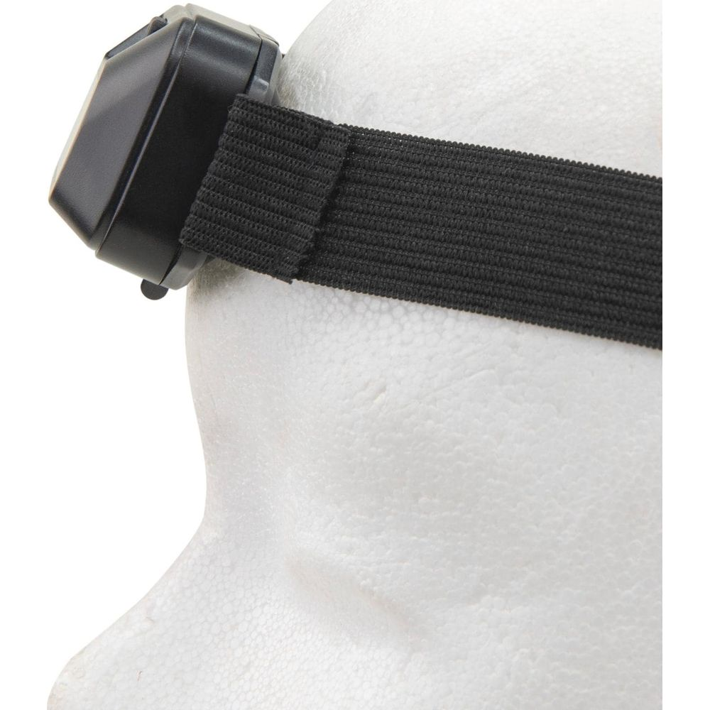 Schwarzes Stirnband mit schwarzer Lampe auf weißem Kopfmodell.