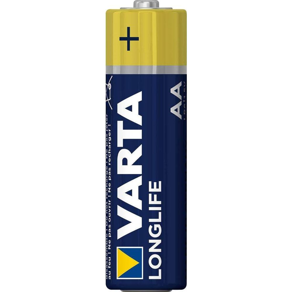 Una batteria Varta AA Longlife con terminale positivo giallo e corpo blu.