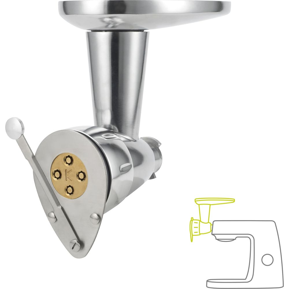 Stalowy dodatek do robota kuchennego z matrycą do makaronu i dźwignią.