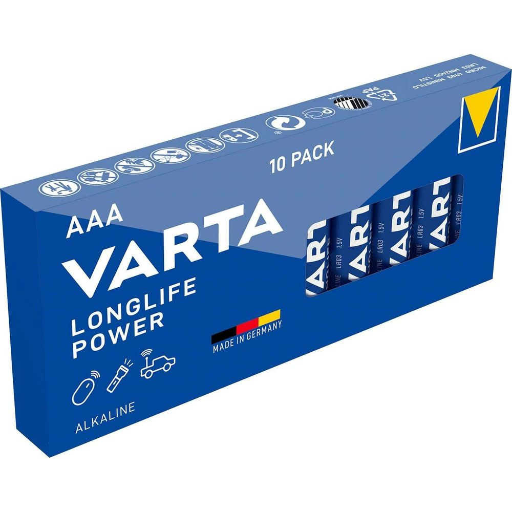 Pile Varta AAA Alcaline Longlife Power confezione da 10, Made in Germany.