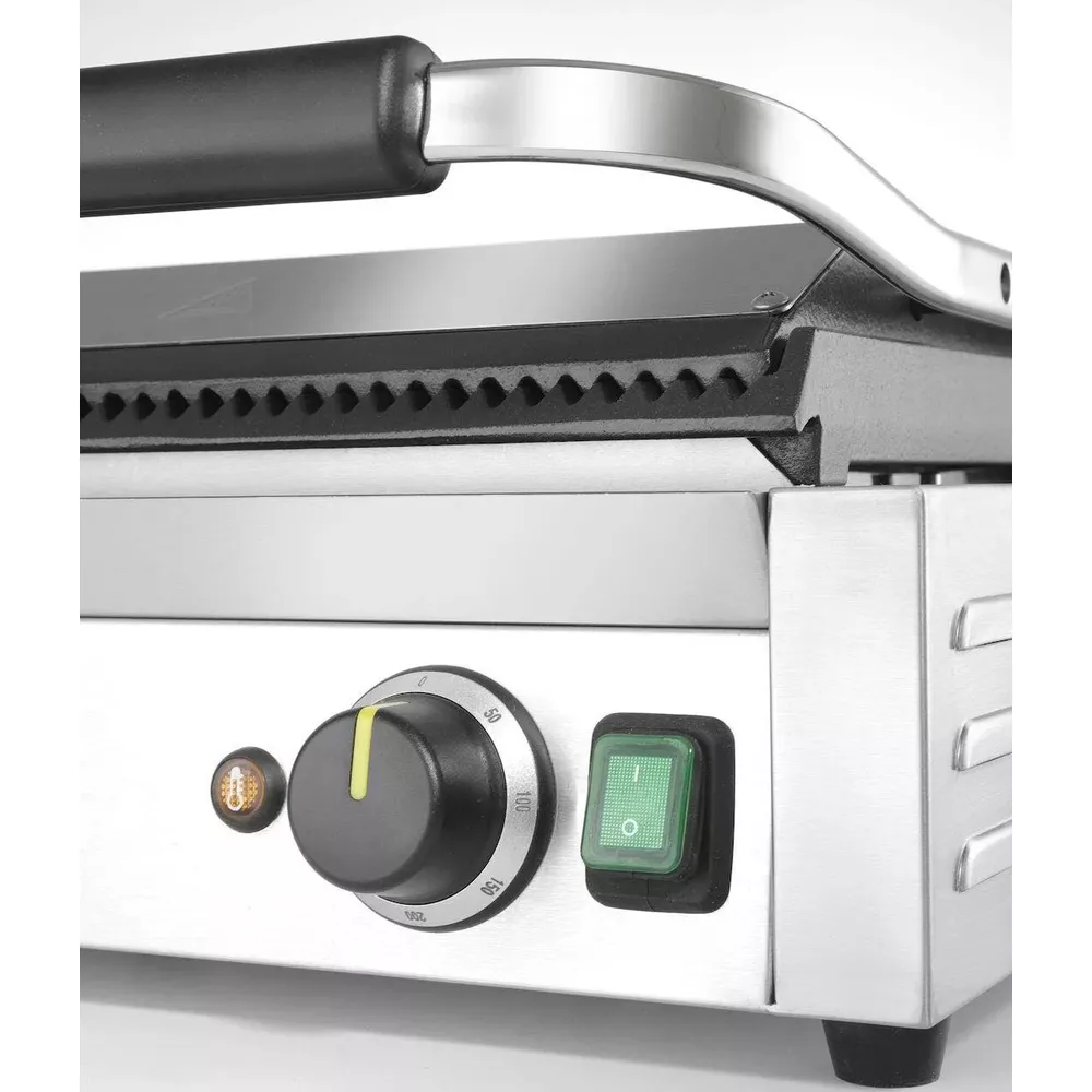 Edelstahl-Kontaktgrill mit schwarzem Griff, Temperaturregler und grünem Ein-/Ausschalter.