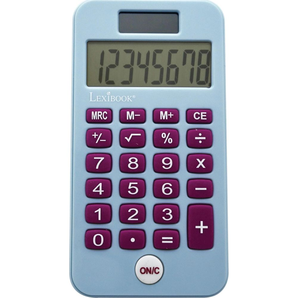 Jasnoniebieski kalkulator Lexibook z fioletowymi przyciskami i cyfrowym wyświetlaczem.