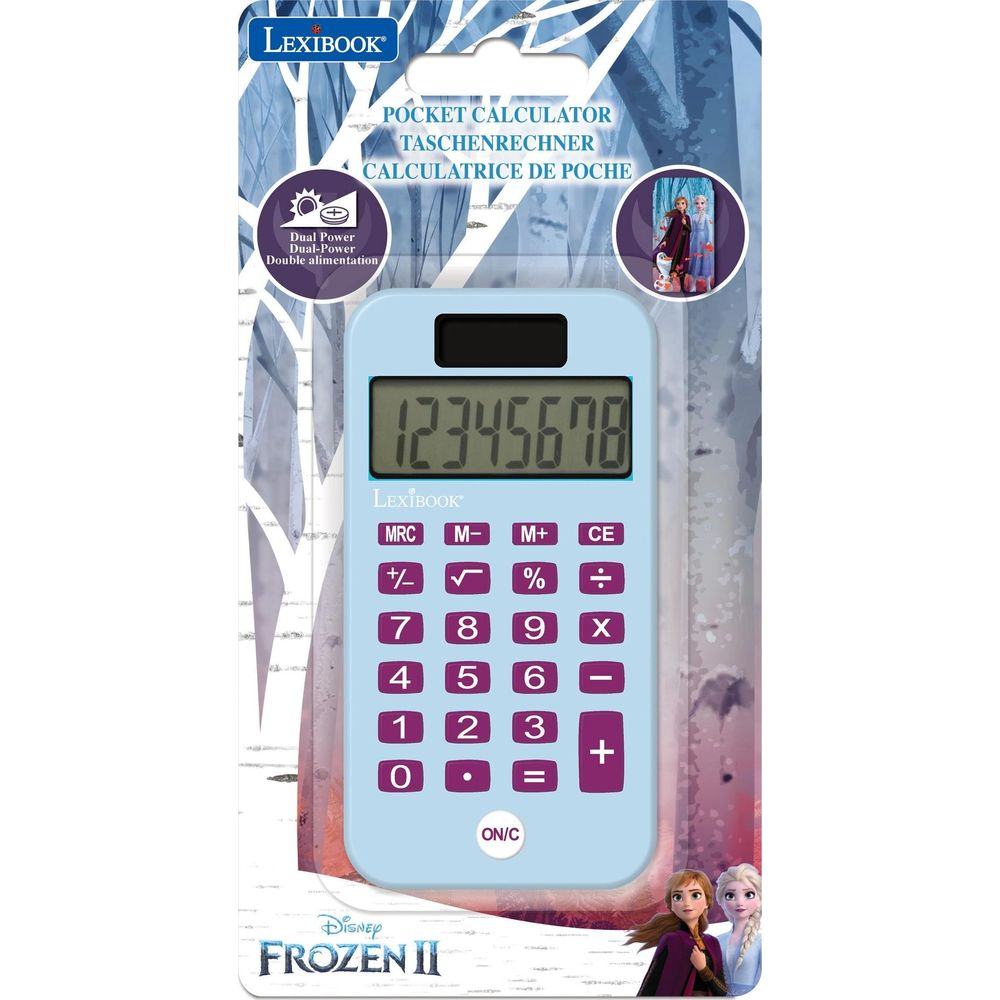 Jasnoniebieski kalkulator z motywem Disney Kraina Lodu II i cyframi.