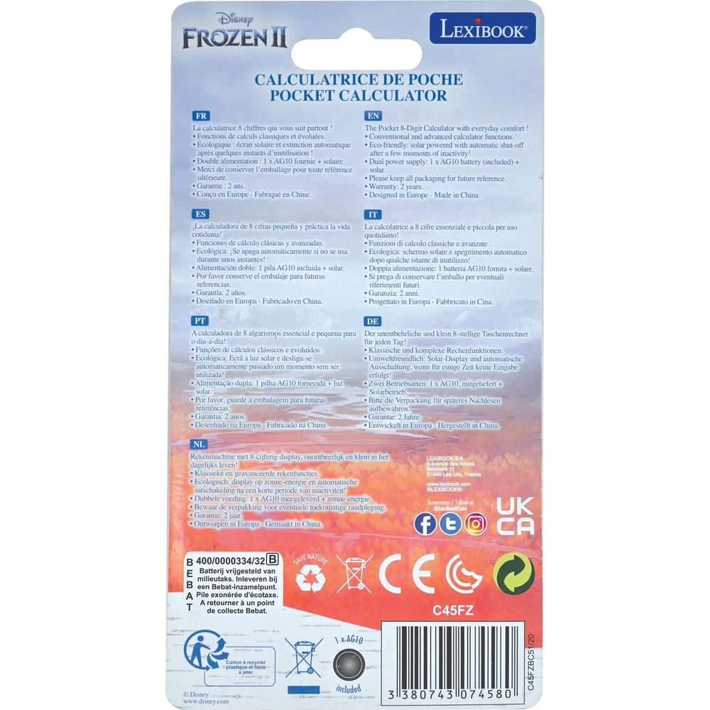 Kalkulator kieszonkowy Frozen II Lexibook, solarny i bateryjny. Z informacjami wielojęzycznymi.