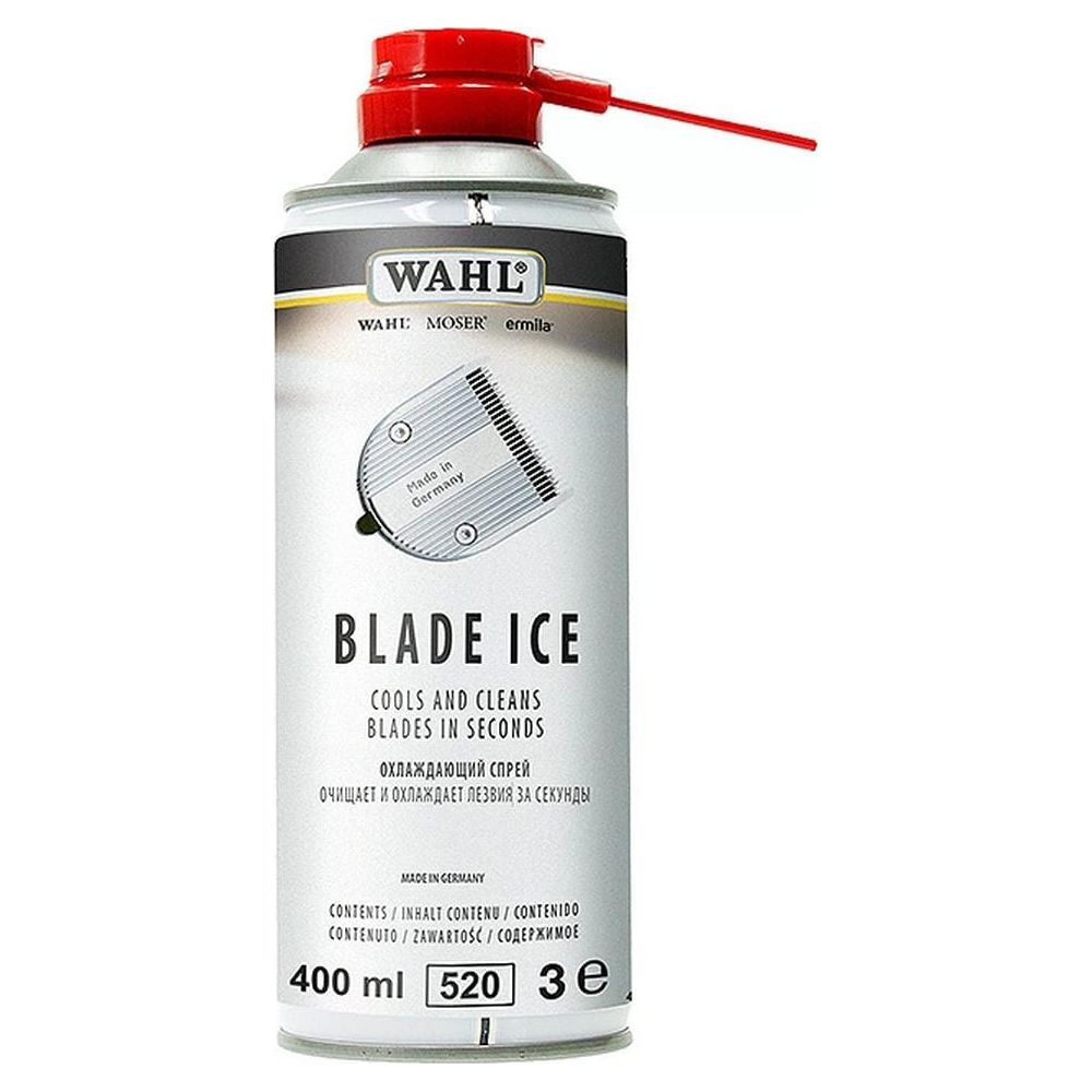 Lata de spray Wahl Blade Ice: lata de 400ml con boquilla roja y tubo rojo.