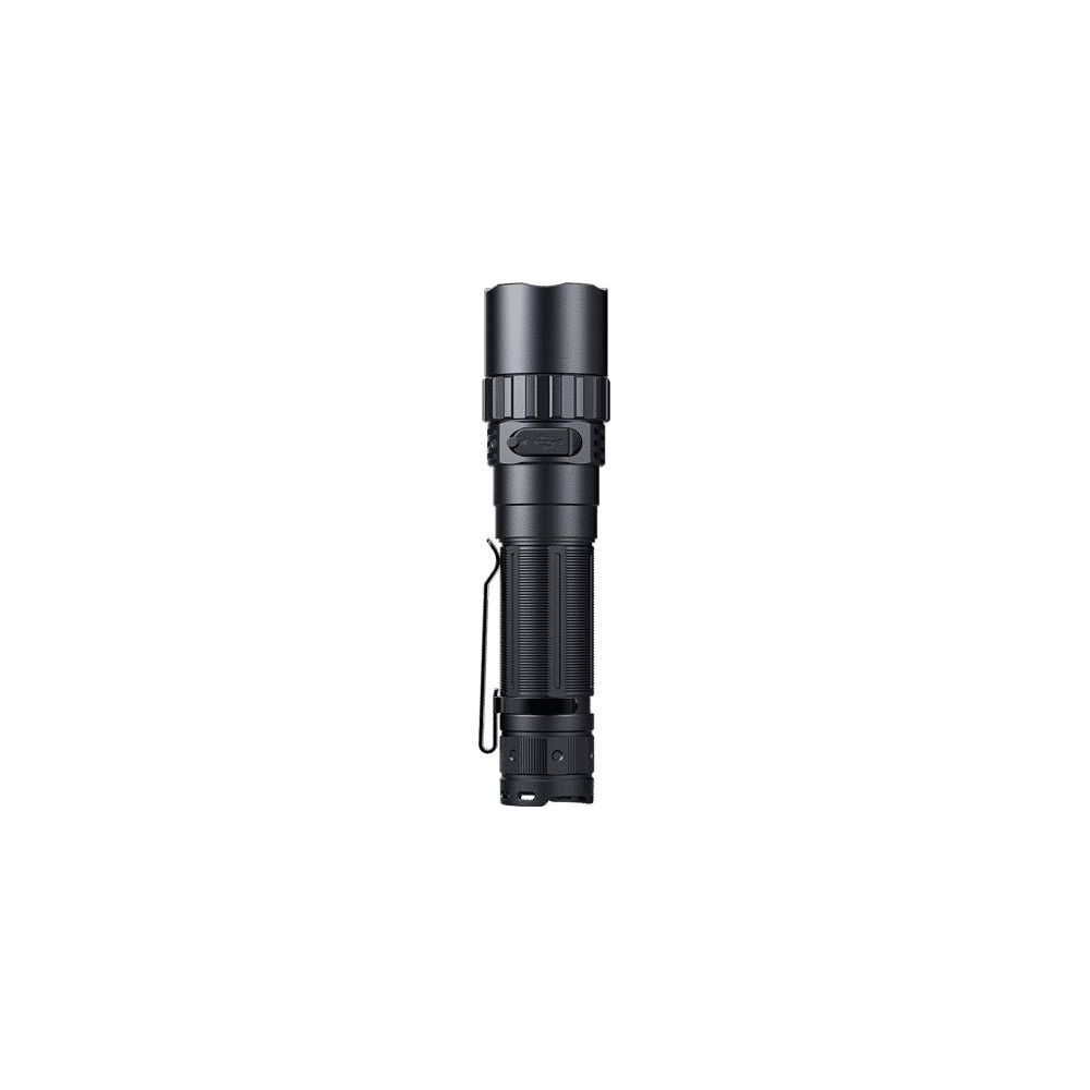 Lampe de poche noire avec poignée côtelée et clip, sur fond blanc.