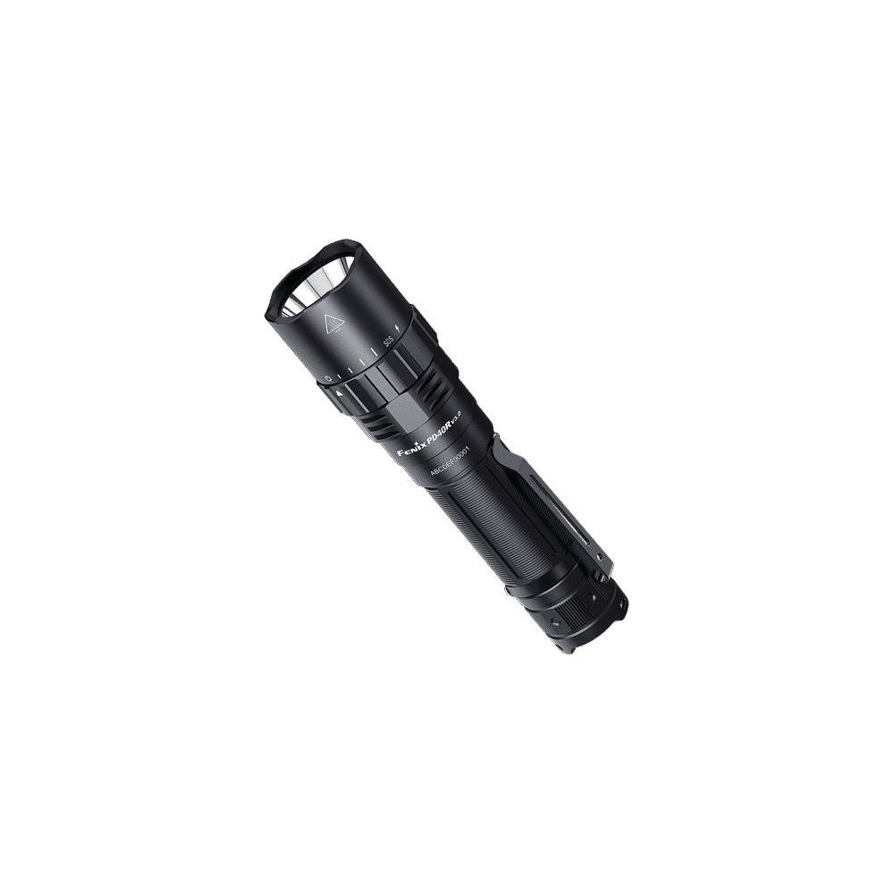 Une lampe torche Fenix PD40R V2.0 noire avec une poignée moletée et un marquage SOS.