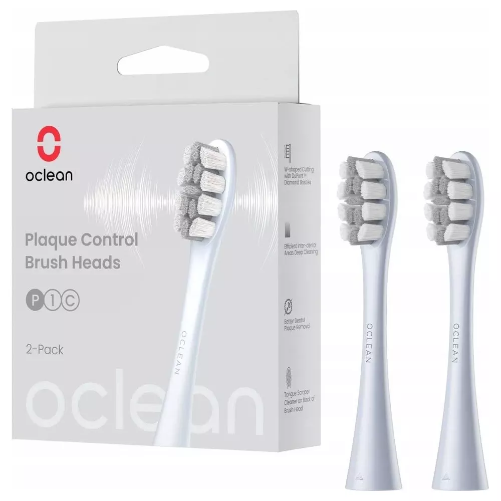 Oclean Plaque Control Bürstenköpfe 2er-Pack auf Karton mit 3 abgebildeten Bürstenköpfen.