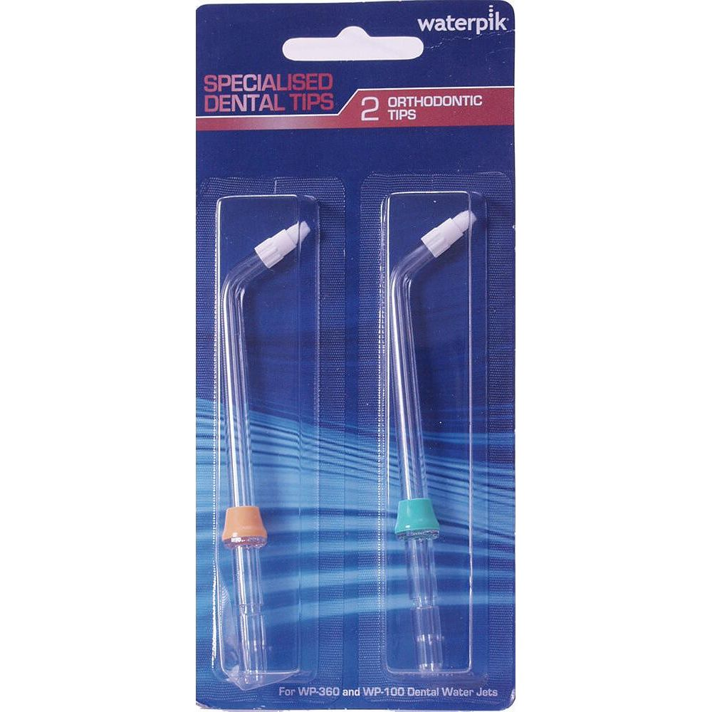 Verpackung mit zwei kieferorthopädischen Mundduschenspitzen von Waterpik.