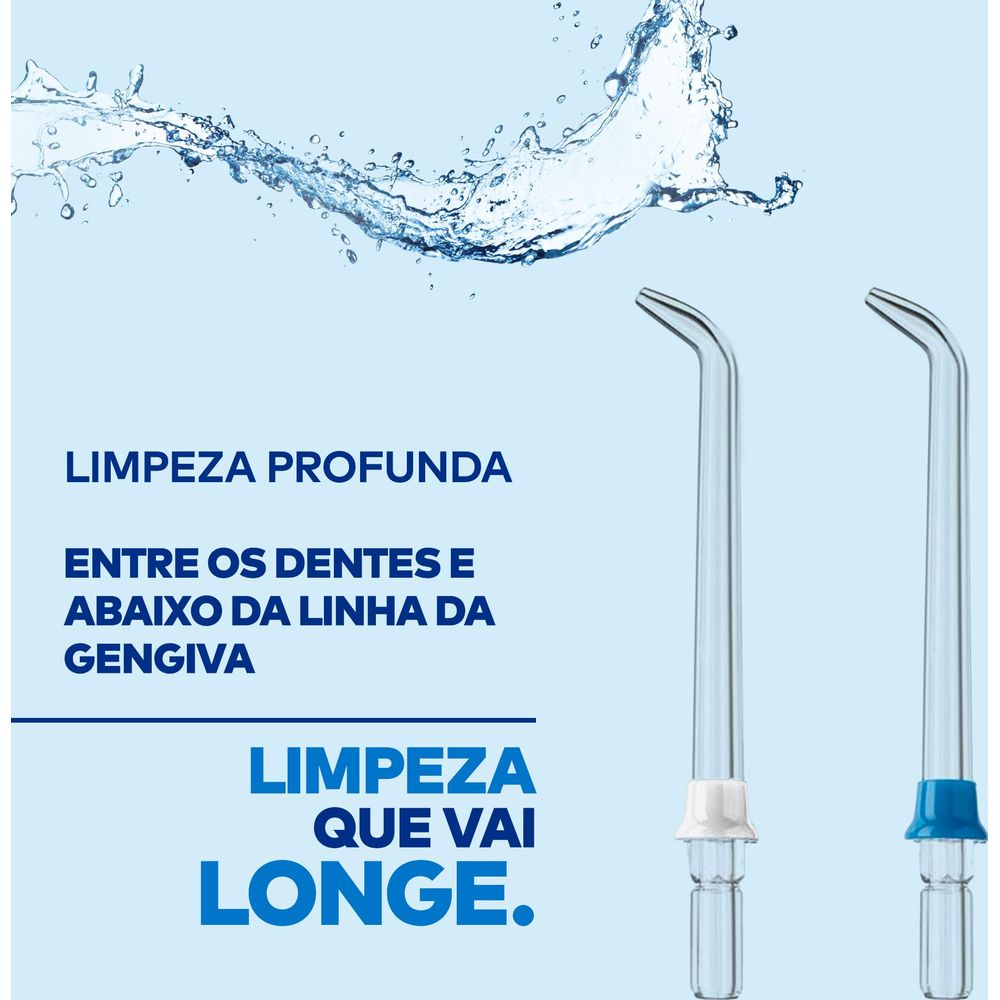Zwei Wasserdruck-Mundduschen-Spitzen mit blauem und weißem Griff vor Wasserspritzern.