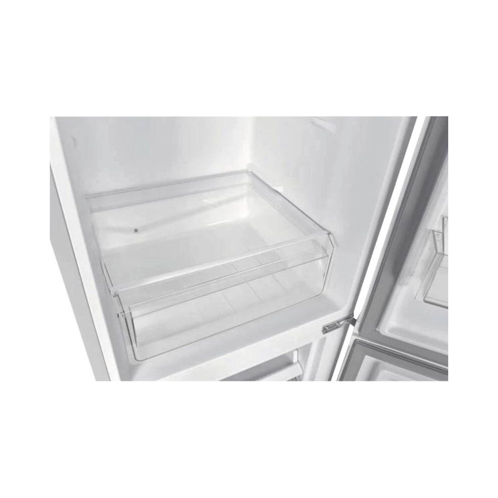 Un tiroir de réfrigérateur vide et transparent à l'intérieur d'un réfrigérateur blanc.