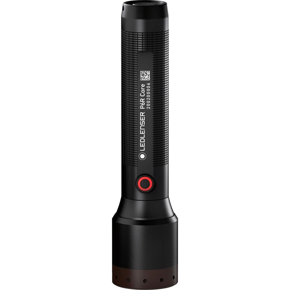Schwarze LED-Taschenlampe mit gerilltem Griff und rotem Knopf.