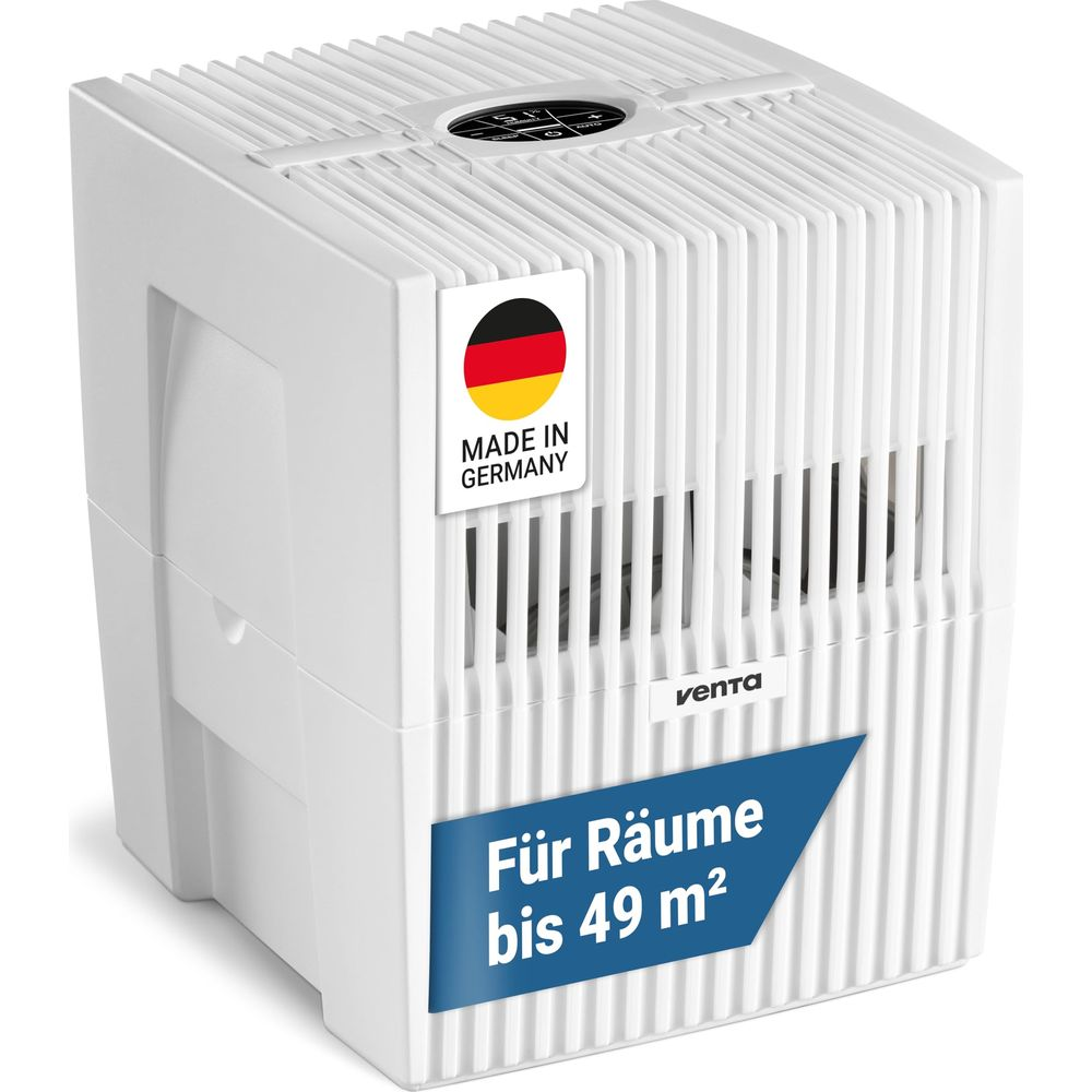 Ein weißer Luftwäscher mit "Made in Germany"-Aufkleber und digitalem Display.