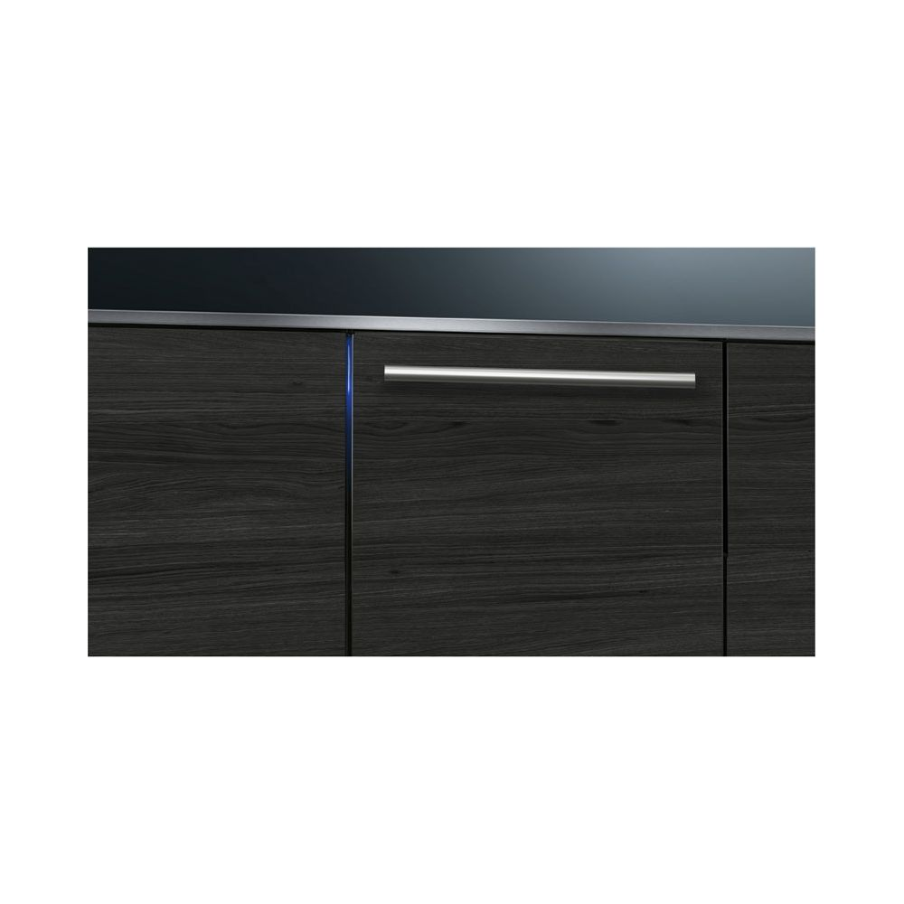 Dark wood cabinet door with silver handle and blue light strip.