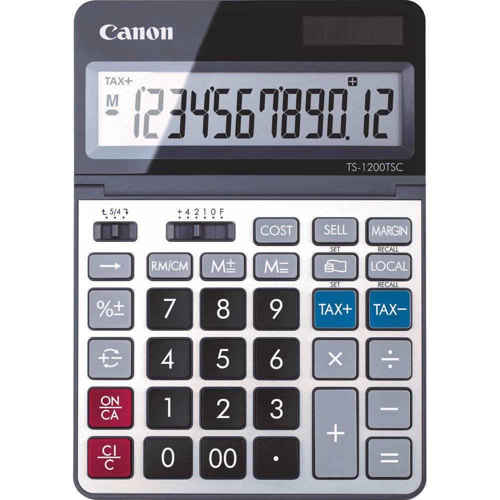 Czarny kalkulator Canon TS-1200TSC ze srebrnymi przyciskami.