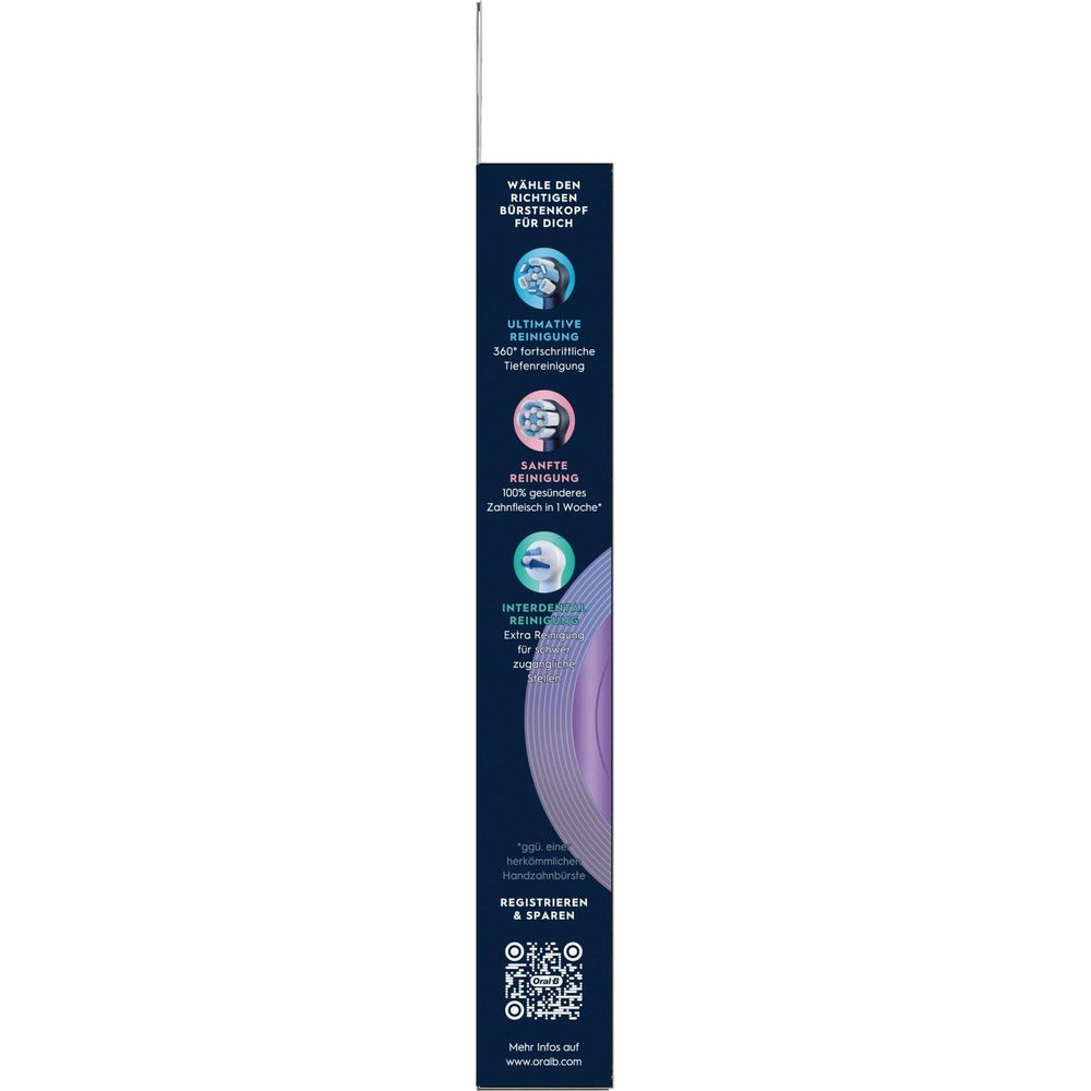 Confezione con info testine Oral-B: pulizia definitiva, delicata e interdentale.