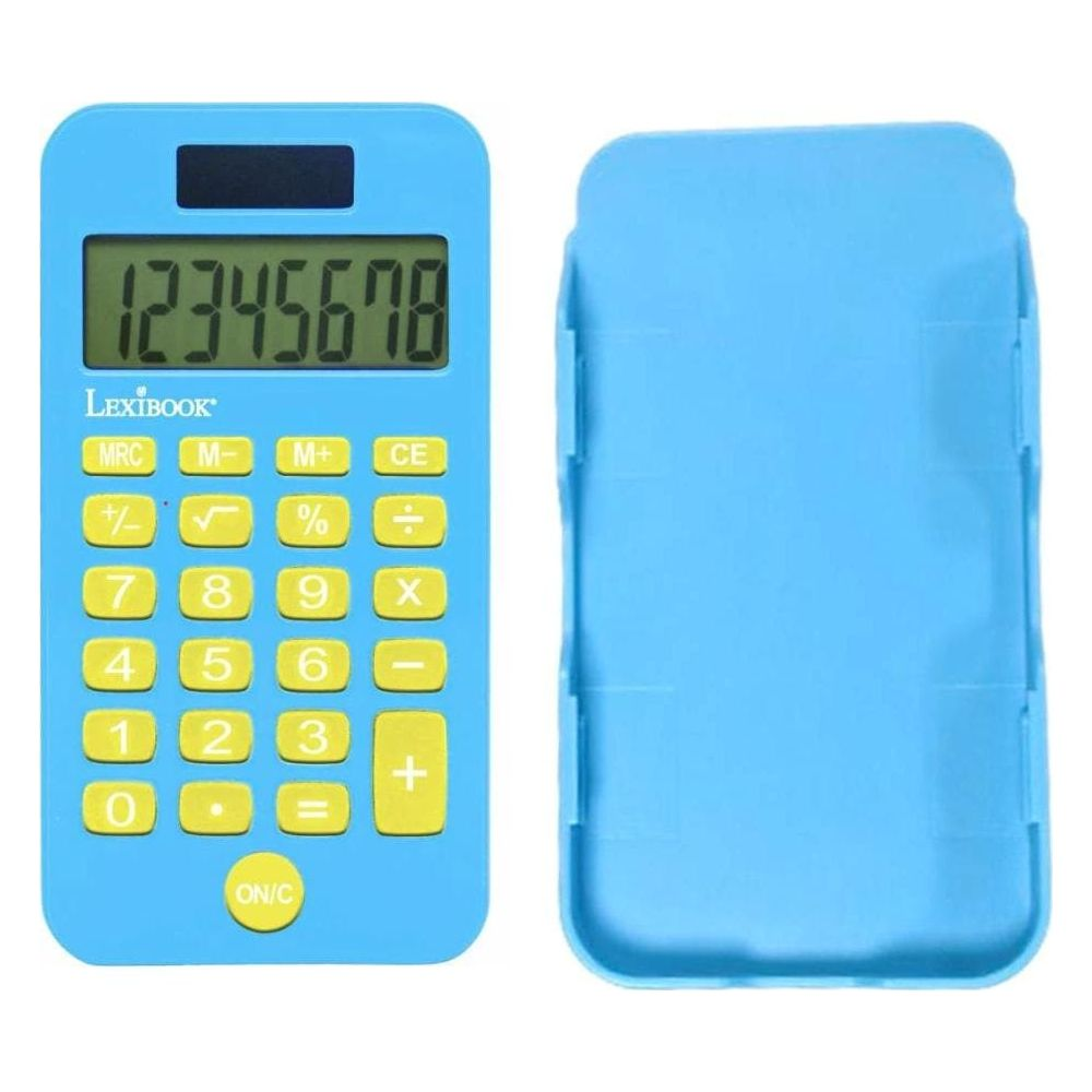 Niebieski kalkulator Lexibook z wyświetlaczem liczbowym i przyciskami, obok niebieskiego etui.