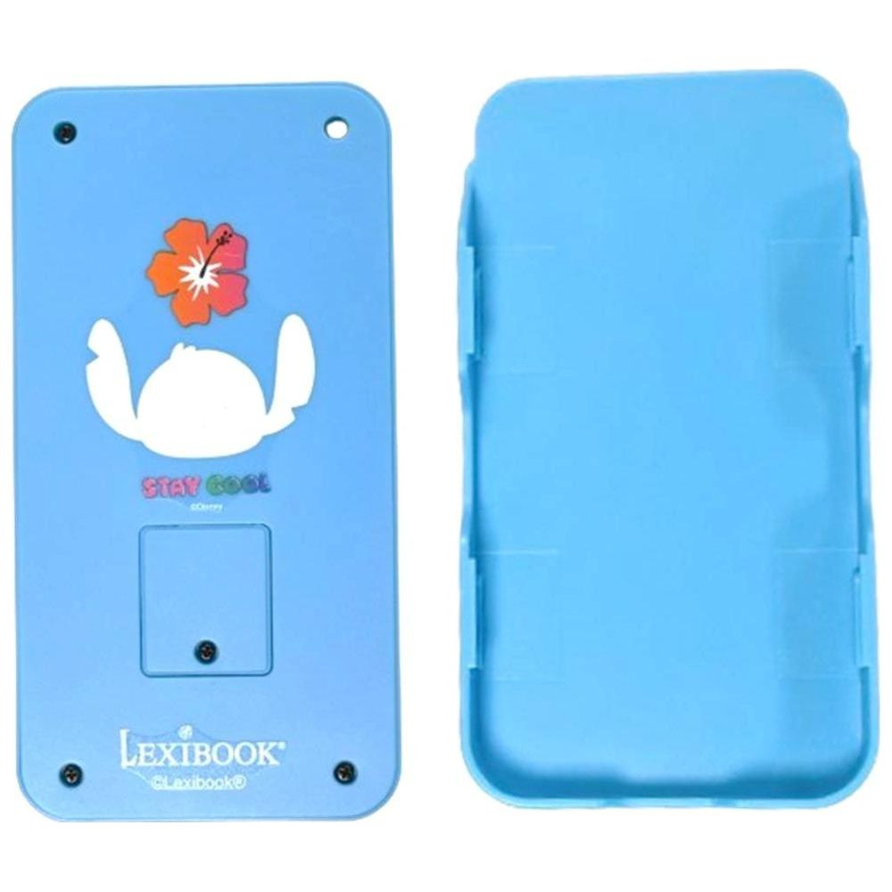 Niebieskie etui Lexibook ze Stitch i kwiatem. Obok drugie etui.