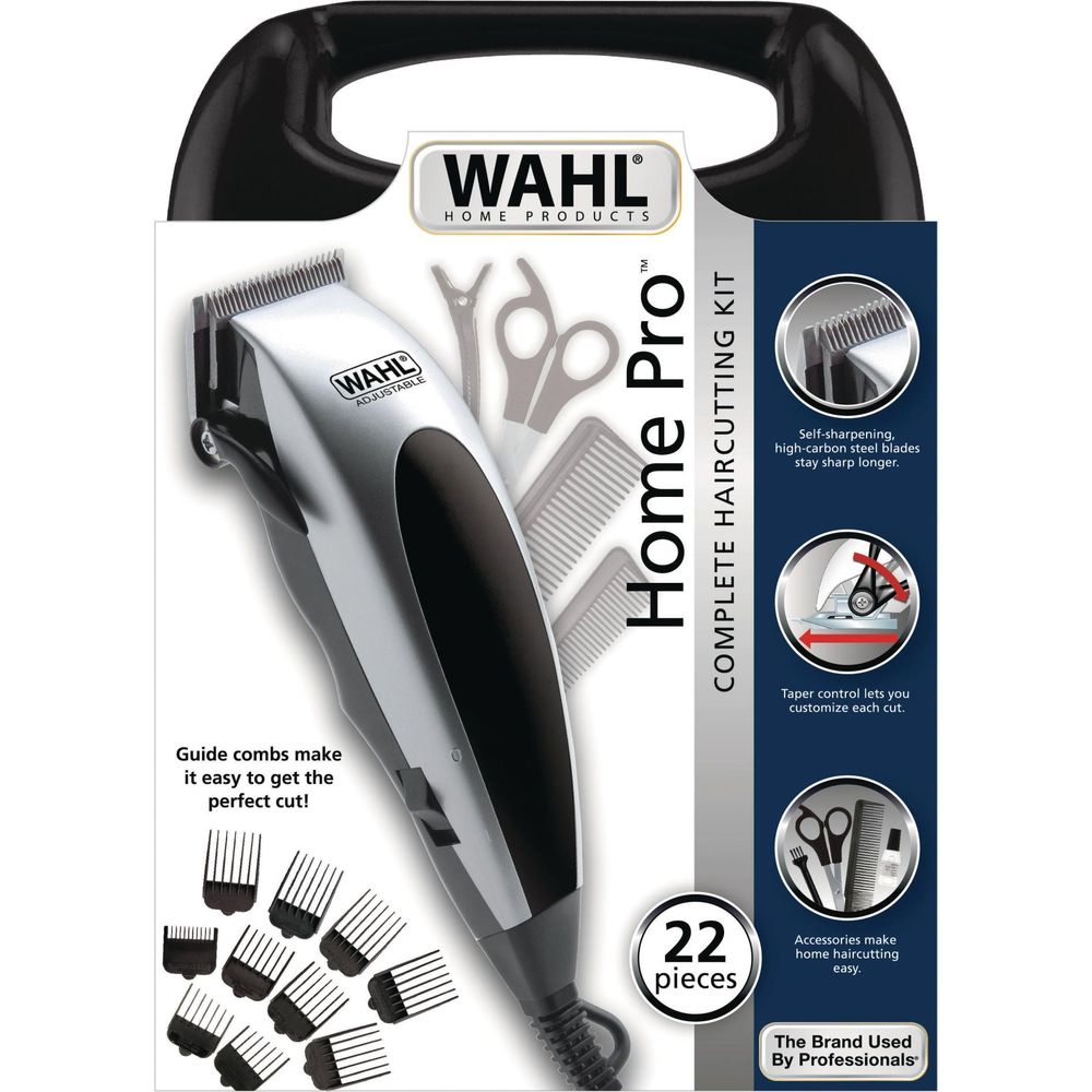 Kit Wahl Home Pro per capelli con rifinitore argento, pettini e accessori.