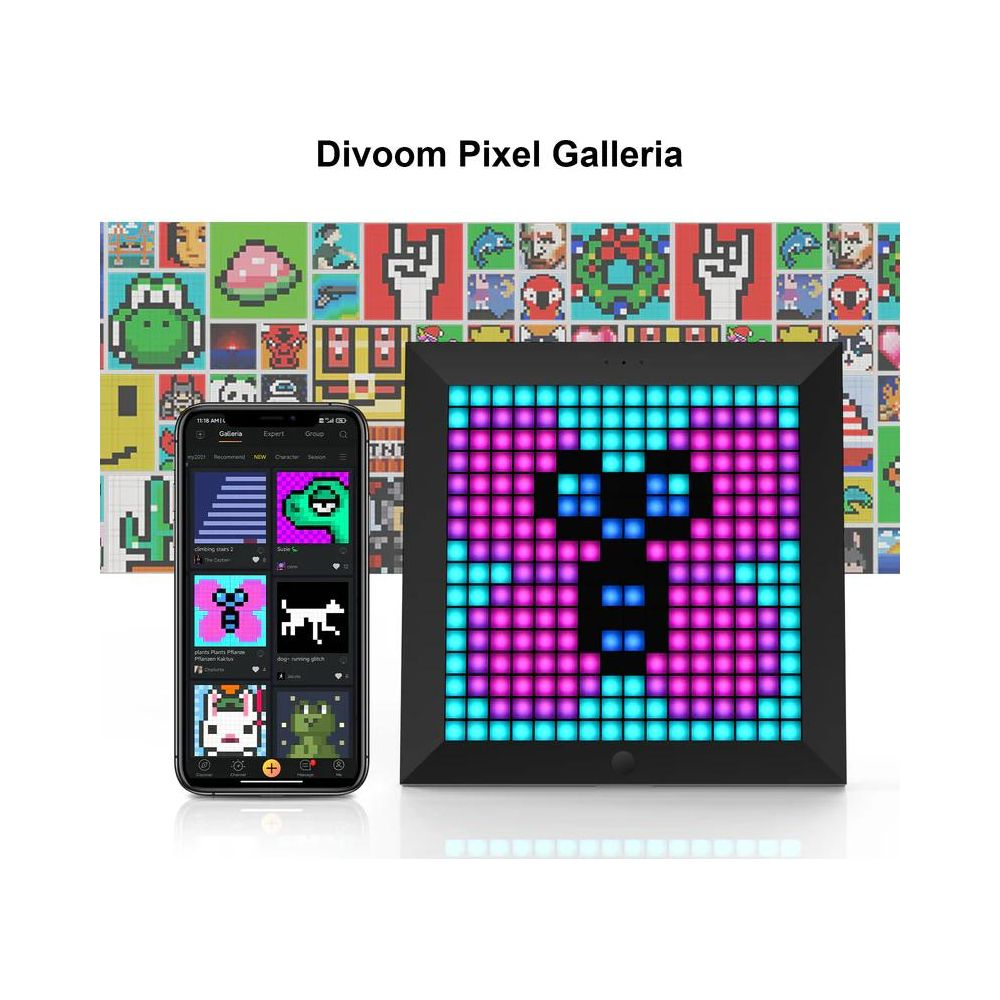 Renkli tasarımlı akıllı telefon ve piksel ekran. Divoom Pixel Galleria.