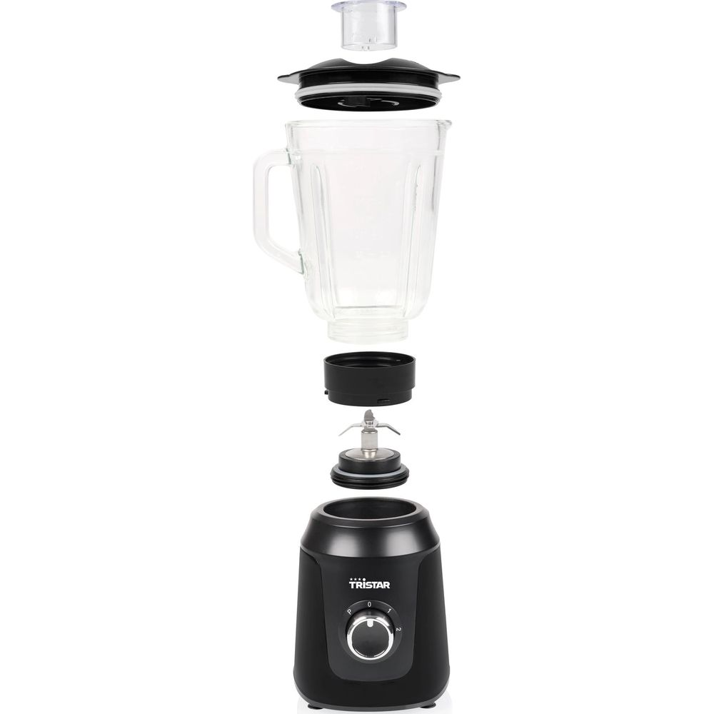 Un frullatore nero smontato con caraffa in vetro, coperchio, lama e base.