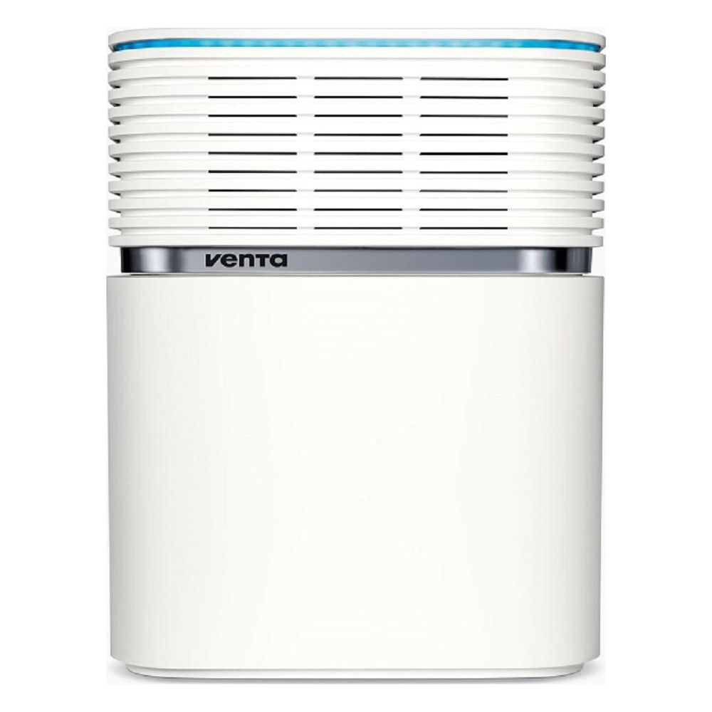Un lavavapor Venta bianco con accenti blu e fessure di ventilazione.