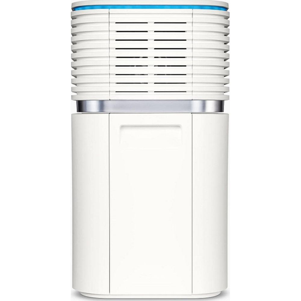 Un purificatore d'aria bianco con accenti blu e parte superiore a lamelle.