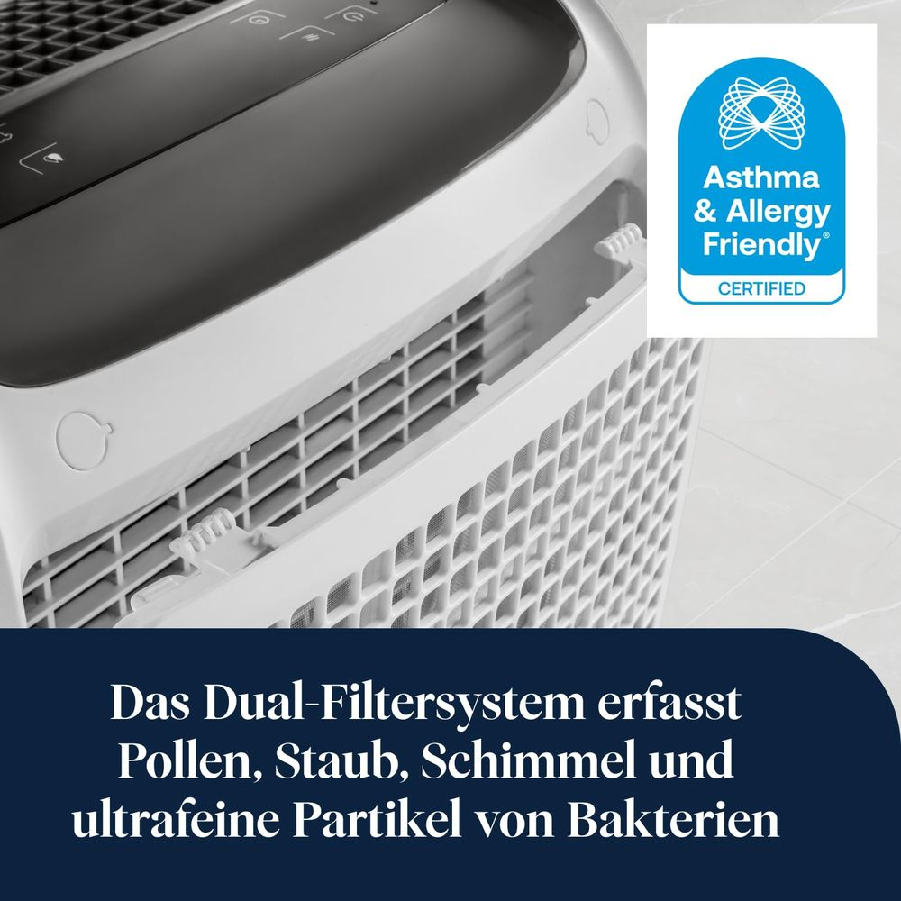 Biały oczyszczacz powietrza z certyfikatem Asthma & Allergy Friendly.