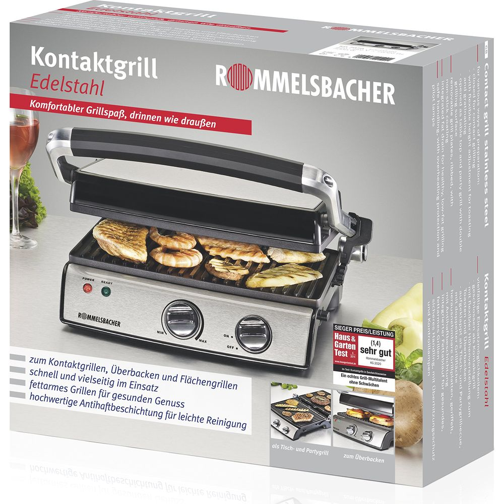 Grill kontaktowy ze stali nierdzewnej z grillowanym jedzeniem, logo i pieczęcią.