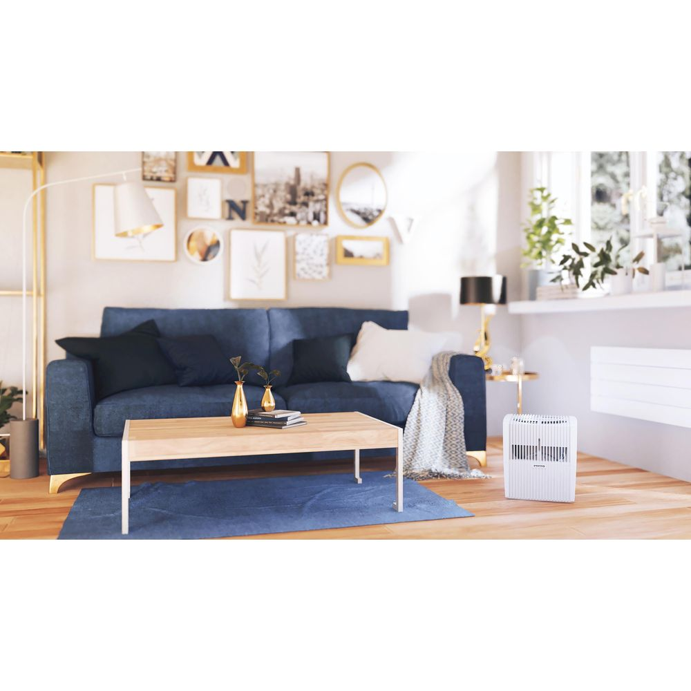 Ein blaues Sofa mit Kissen und Decke, ein Holztisch mit Vasen, ein Heizkörper und Pflanzen.