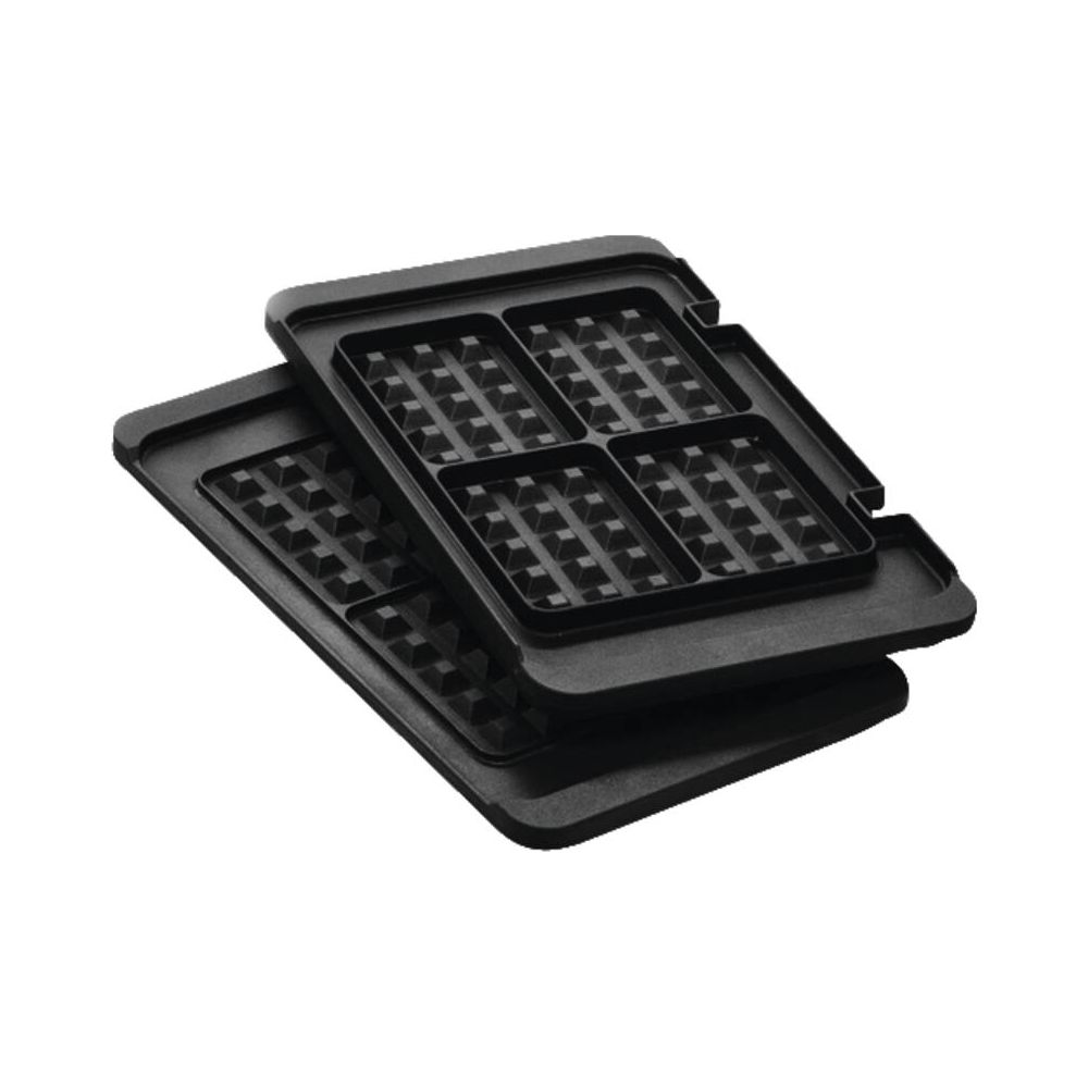 Two black cast iron waffle plates with square indentations.